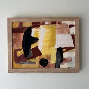 Vintage “ABSTRACT SHAPES II” original French framed gouache painting on paper signed oak frame