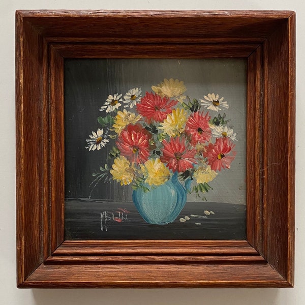 Vintage oil painting retro flowers still life floral framed 1950s 1960s mid century square flower  frame ornate miniature