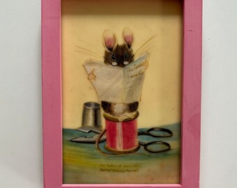 Vintage original painting framed BEATRIX POTTER the tailor of Gloucester mice nursery decor children’s bedroom kids pink baby girl gift smal