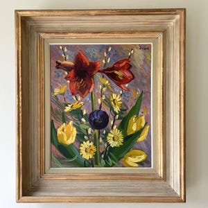 Vintage “VIBRANT FLORALS” original Swedish oil painting on canvas signed, framed still-life florals impressionist art red yellow flowers