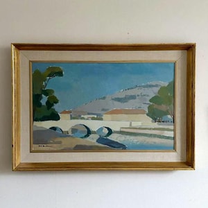 Vintage “BY THE BRIDGE” original Swedish framed landscape oil painting on canvas signed large gilt frame