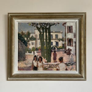 Vintage "THE SQUARE" original Swedish oil painting signed and framed expressionist Scandinavian landscape art Spanish Mediterranean Plaza