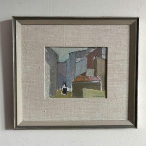 Vintage “ABSTRACT HOUSES” original Swedish framed oil painting on board signed linen mount