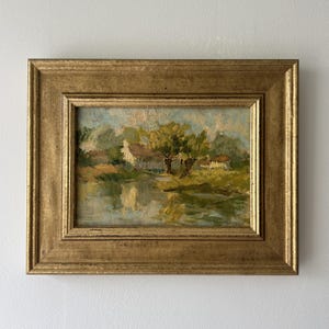 Vintage “FARMHOUSES on the LAKE” Italian signed oil painting landscape framed mid century green blue trees reflection