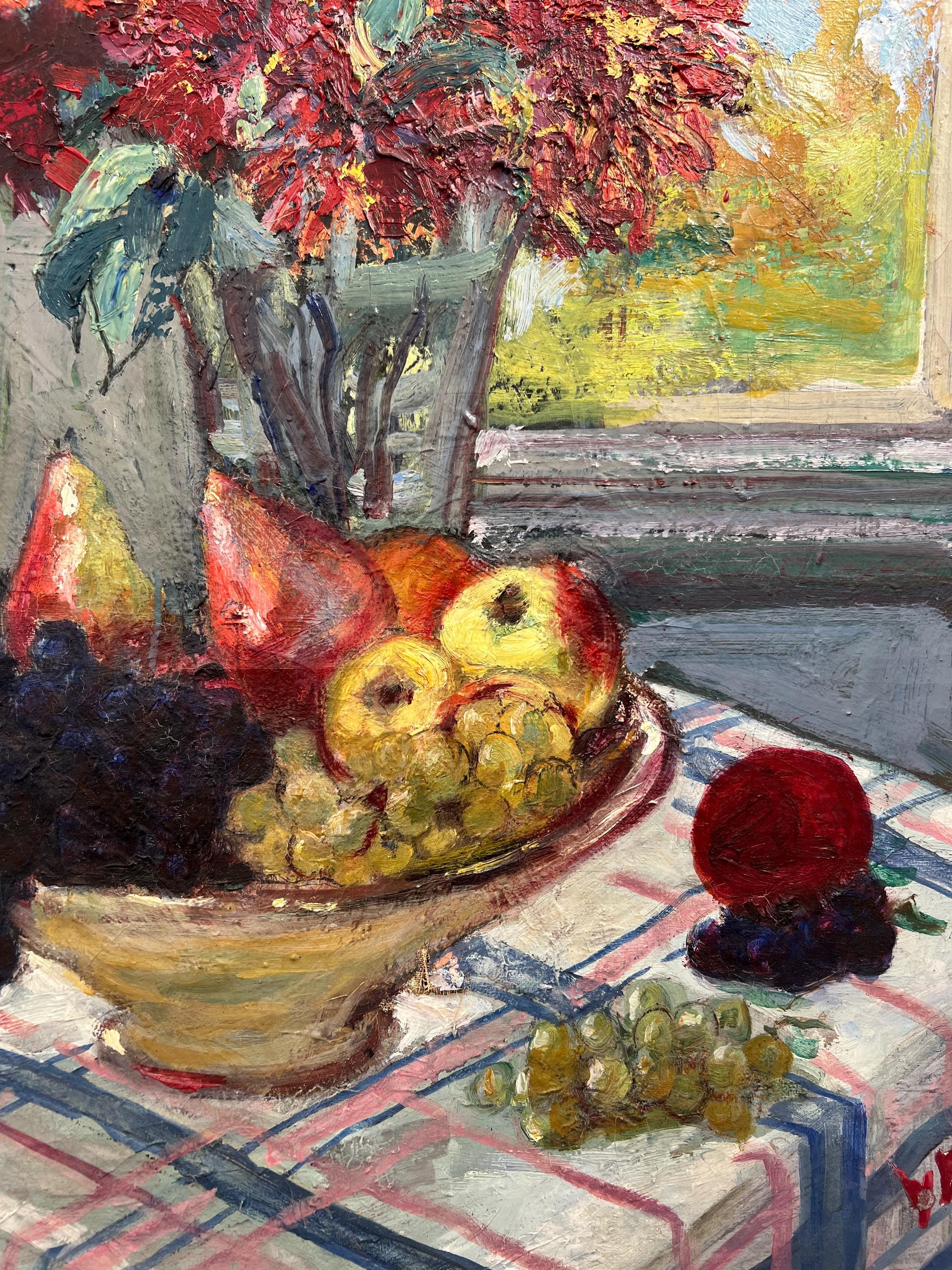 大きなヴィンテージ「花と果物」フランスのオリジナル静物油絵