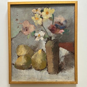 Vintage French pears and flowers floral vintage original still life oil painting framed Flowers kitchen bedroom