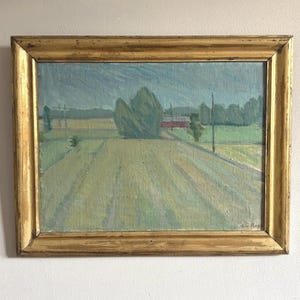 Swedish original oil painting vintage framed signed landscape farm country Scandinavian large mid century PATCHWORK FIELDS farm