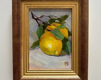 Contemporary impressionist impressionistic oil painting still life impasto kitchen food framed  small lemon lemons fruit citrus original