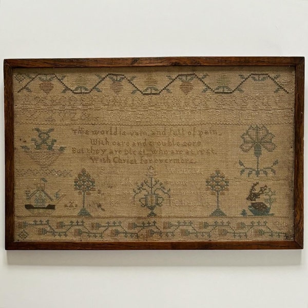 Georgian 1821 Vintage antique Victorian sampler embroidered cross stitch framed childrens bedroom nursery baby child kids