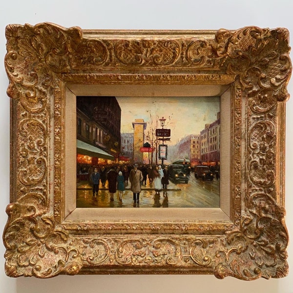 Vintage Paris oil painting framed landscape city original street city French France continental European gilt
