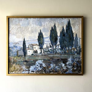 Large vintage “CYPRESS TREES” Swedish original oil painting framed signed Edvin Ollers landscape village country Scandinavian mid century