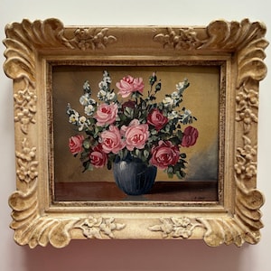 Vintage PEERART oil painting retro flowers still life floral framed mid century flower gold frame ornate small