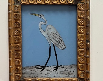 Vintage oil painting miniature small Indian reverse glass painting mini framed kids childrens bedroom bathroom stork heron bird birds blue
