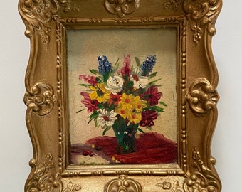 Vintage 1950s PEERART oil painting retro flowers still life floral framed mid century flower gold frame ornate small