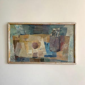 Large vintage “MUTED ABSTRACT” original Swedish abstract oil painting on panel signed and framed colourful art