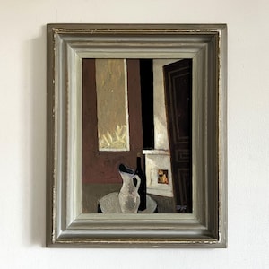 Vintage “FIRESIDE DRINKS” Swedish original oil painting still life gilt framed interiors muted mid century signed jug