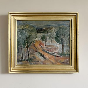 Vintage “GREEN TREES” original framed landscape oil painting on canvas signed gilt frame