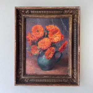 Pintura al óleo vintage &quot;CALÉNDULAS&quot;, original bodegón francés, sobre cartón, enmarcado, arte impresionista, firmado, con flores y ramo de naranja.