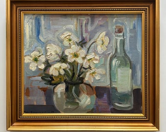 White flowers & bottle 1954 Swedish floral vintage original still life oil painting framed flowers mid century Astri Ekengren–Larsson