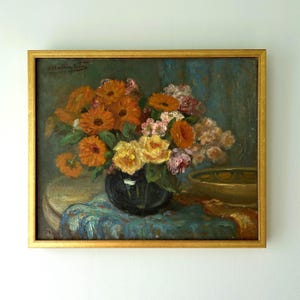 Antique “STILL LIFE with blue vase” French original still life oil painting on canvas framed signed impressionist art framed vintage florals