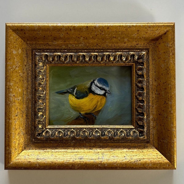 Bird contemporary original oil painting cottage country signed gilt original   impressionist animal birds mini blue tit signed framed