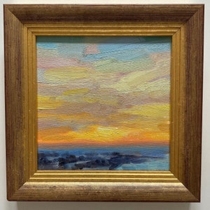 Sunrise plein air contemporary impressionist framed oil painting expressionist sunset Semi abstract small landscape original winter clouds