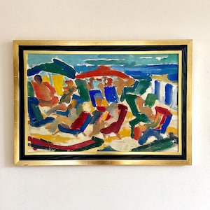 Large vintage “AT THE BEACH” original abstract Swedish landscape oil painting on canvas signed and gilt framed