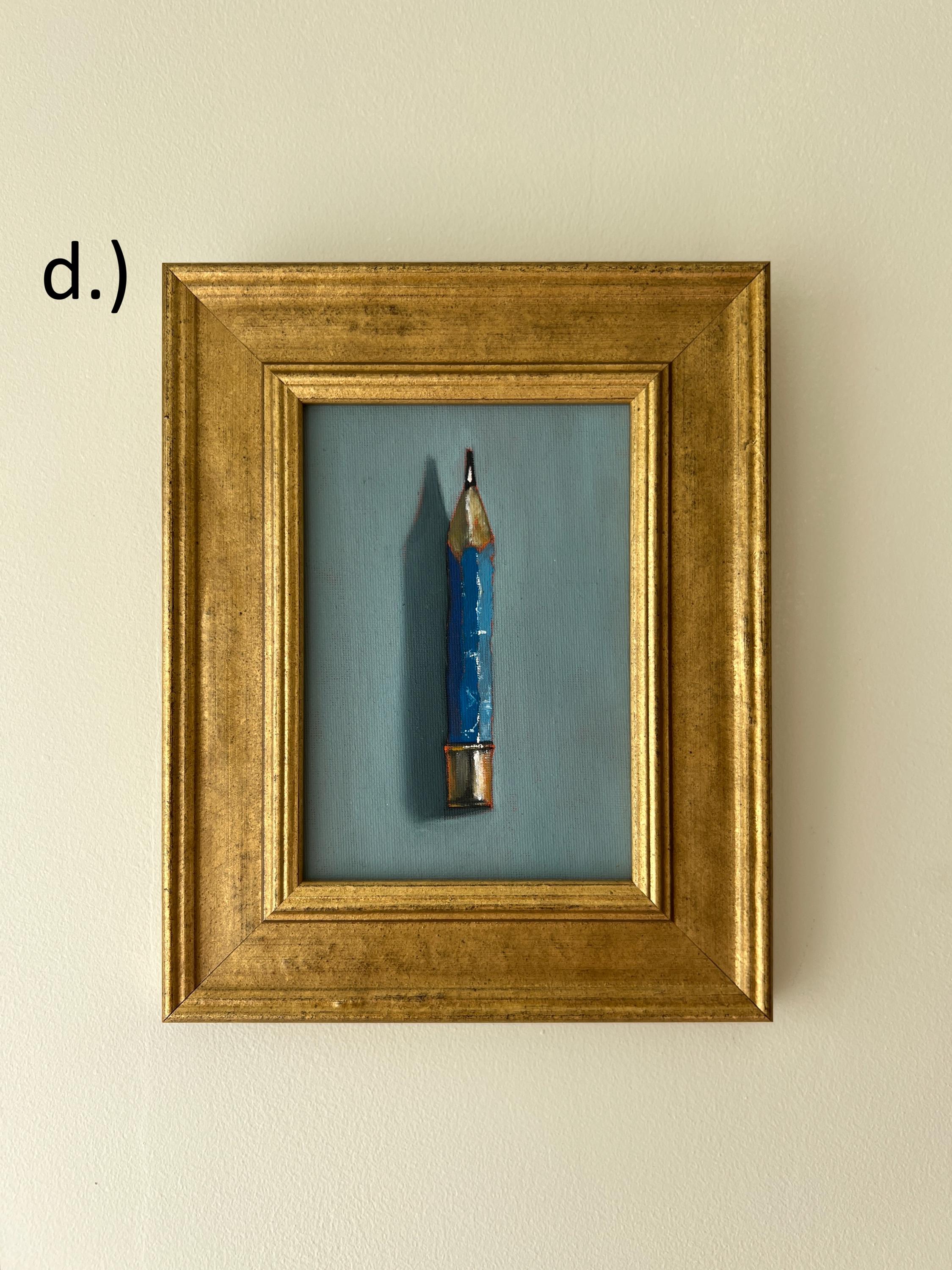 Contemporary "BLUE PENCILS on GREY" original oil paintings still life pencil stub kids office playroom child bedroom study