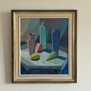 Vintage “CUBIST STILL LIFE” original still life oil painting canvas Swedish framed cubism colourful signed