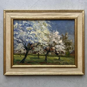 Vintage “BLOSSOM TREES II” original framed landscape oil painting on panel gilt frame signed impressionist