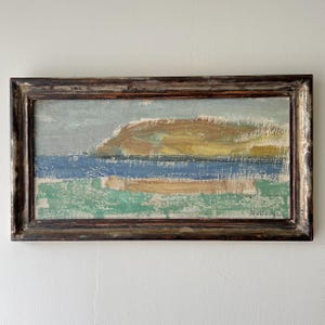 Vintage “TEXTURED COASTLINE” original landscape oil painting on panel Swedish colourful seascape coastal art