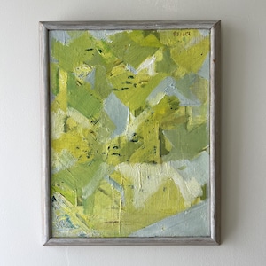 Vintage “GREEN ABSTRACT” original Swedish abstract oil painting on canvas signed and framed soft shapes