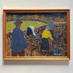 Vintage original oil painting landscape framed mid century signed landscape Swedish “AUTUMN HARVEST” blue green Svän Grandin (1906–1982)
