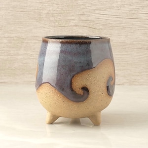 Handmade Tripod Pottery Cup - Purple Blue