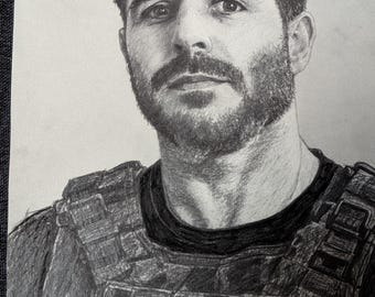 Grafitporträtt. Neil Ellice som Soap MacTavish i Call of Duty Modern Warfare.