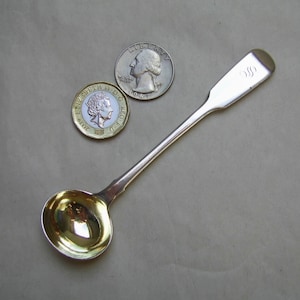 Antique Solid Silver Fiddle Pattern SALT SPOON  with Monogram &quot;S&quot; and Gilded Bowl Hallmarked London 1832