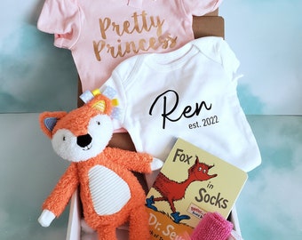 Baby girl gift, girl fox gift box, baby girl gift, newborn girl baby gift set, fox toy, board book, personalized bodysuit, FREE Shipping