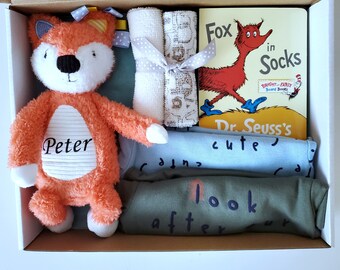 Baby Boy gift box, Baby fox shower gift boy, Fox in socks gift, personalized gift, New baby gift set, welcome home boy, sprinkle baby gift