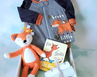 Baby boy gift box, Baby boy gift basket, Newborn baby shower gift box, Long sleeves sleep play, Fox in socks book, fox toy, Personalize