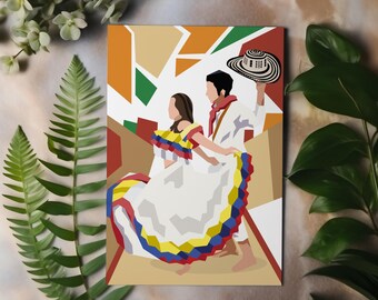 Pareja Bailando Cumbia – Póster Geométrico Atardecer Cálido | Arte Folclórico Colombiano