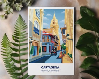 Póster Cartagena – Colección Travel Posters – Arte Ciudad Colonial Colombiana – Escena Calle Bolívar