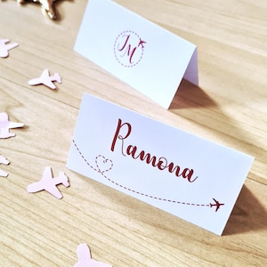 Marque-place thème voyage | Cartes de nom de mariage | 9 x 4,5 cm | avion | Étiquette nominative | personnalisable | numérique