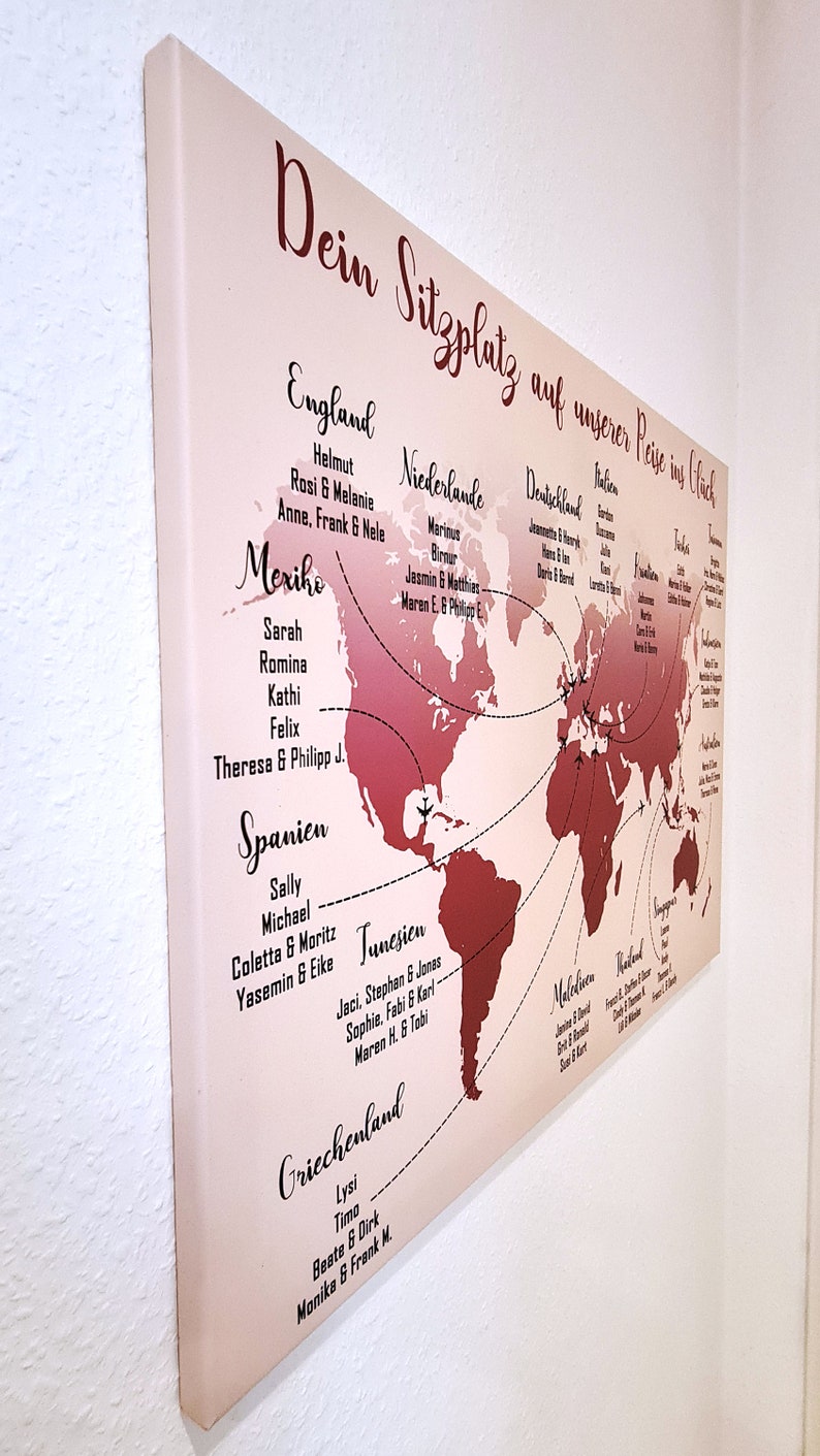 Sitzplan Hochzeit zum Motto Reisen 60 x 80 cm Weltkarte