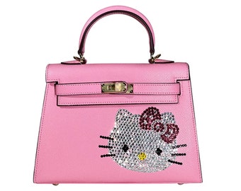 HK GENUINE LEATHER  Cowhide Kawaii Cute Kitty Handbag Purse Diamond Crystal Embellished Bag Style Kitty Gift