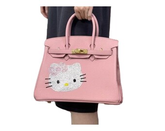 HK PU LEATHER Kawaii Cute Kitty Handbag Purse Diamond Crystal Embellished Bag "Birkeen" Style Gift Heart Cherry Strawberry