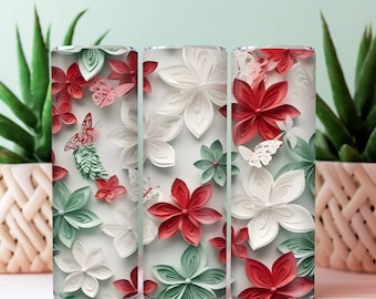 20oz 3D White Flowers with Green and Red Butterflies Wrap, Digital File, Digital Download, Sublimation png, PNG file, Tumbler wrap, Floral