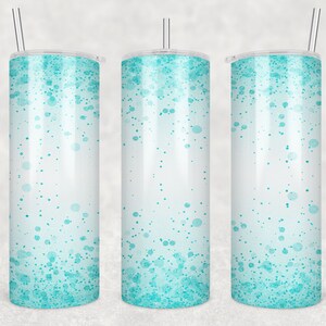 May include: Three stainless steel tumblers with a white background and a gradient of turquoise blue dots. The tumblers have lids and straws.