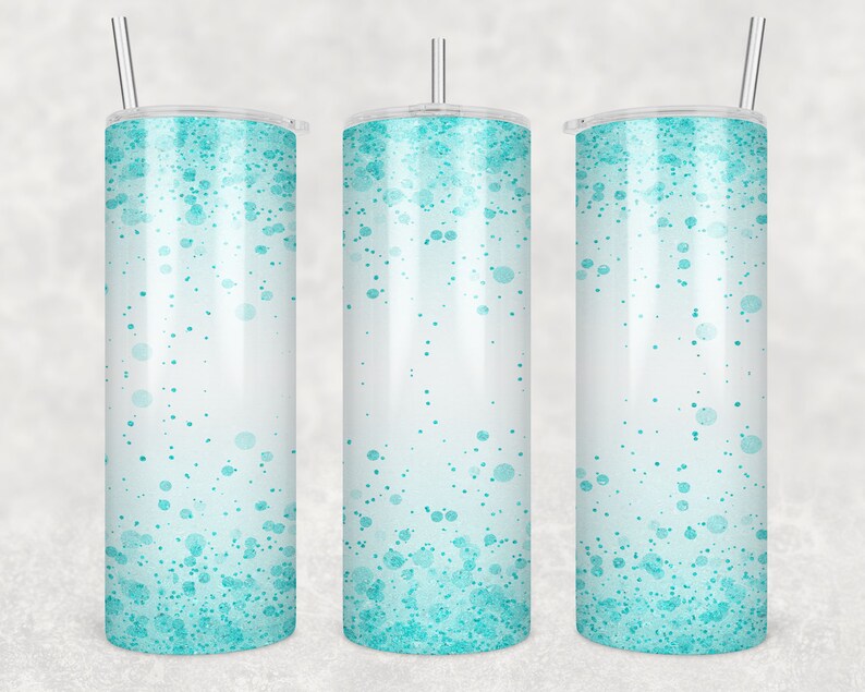 May include: Three stainless steel tumblers with a white background and a gradient of turquoise blue dots. The tumblers have lids and straws.