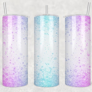 May include: Three stainless steel tumblers with lids and straws. The tumblers have a white background with a gradient of pink, blue, and purple speckles.