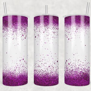 May include: Three stainless steel tumblers with a white background and a gradient of purple glitter at the bottom.